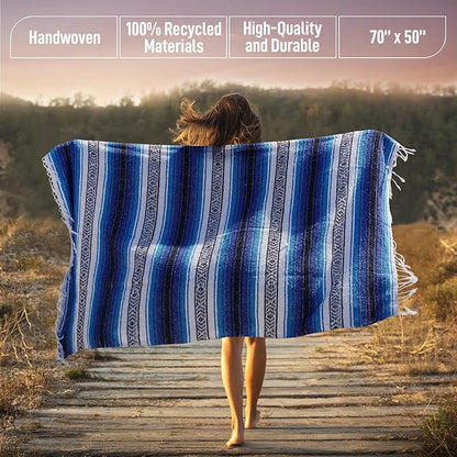 Authentic Extra Large Mexican Blanket (70"x50") - Handwoven Yoga Blanket, Serape Blanket - Artisanal Falsa Blanket, Beach Blanket, Camping Blanket, Picnic Blanket, Outdoor Blanket (King Turquoise)