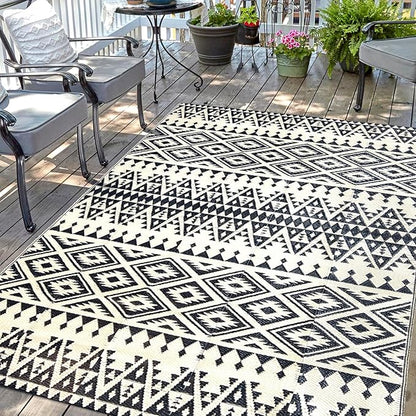 Waterproof Outdoor Rug 5x8ft, Bohemia Reversible Plastic Straw Mat for Patio RV Deck Porch Backyard Balcony Camping Picnic Beach Indoor Outdoor Carpet, Black&Beige