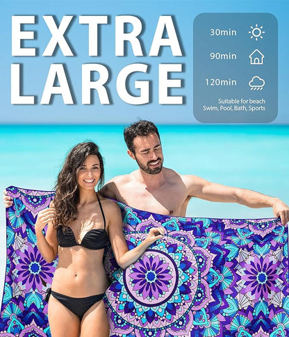 Microfiber Beach Towel – Quick Dry Lightweight Sand Free Oversized Large Towel Accessories Swim Pool Yoga Camping Summer Cruise Ship Essentials Compact Sandproof Gift (Purple Mandala Turtle,71" 32")