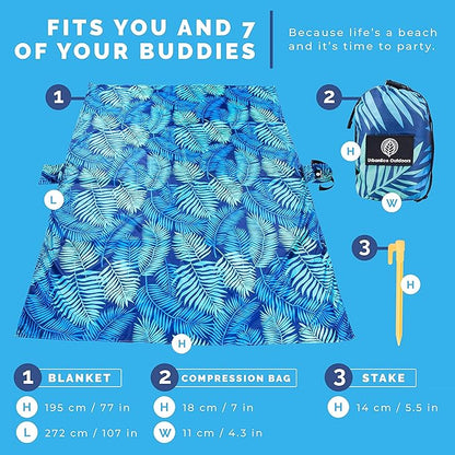 Lightweight Beach Blanket - Oversized 107" x 77" - Waterproof Sandproof - Double Anchored for Fun Leisure Beach Blanket - with Stake and Pouch - Durable Sand Beach Mat