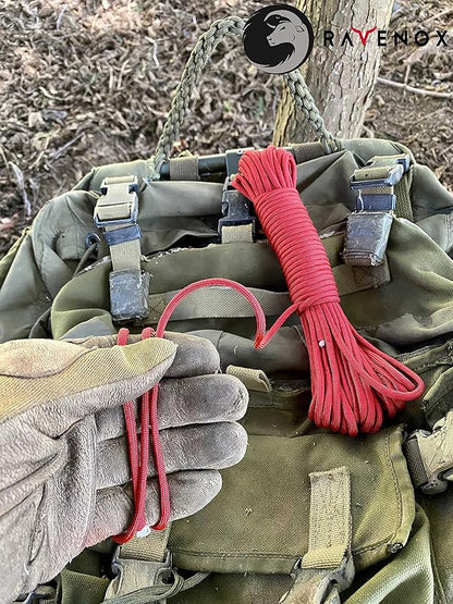 Ravenox Type III 550 Paracord | Genuine Military 550 Cord (Red)(25 Feet)| 7 Inner Strand, 100% Twisted Nylon Cordage | Parachute Cord Rope for Military, Survival, Outdoor Recreation | Made in USA