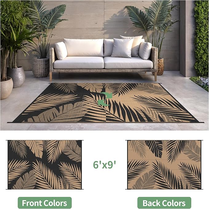 Outdoor Rug 6' x 9' for Patio Waterproof Clearance, Reversible Indoor Outdoor Plastic Straw Camping Rug Carpet, RV Mat, Large Area Rug for Deck, Backyard, Balcony, Porch, Beach, Black and Brown