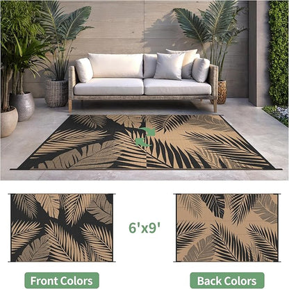 Outdoor Rug 6' x 9' for Patio Waterproof Clearance, Reversible Indoor Outdoor Plastic Straw Camping Rug Carpet, RV Mat, Large Area Rug for Deck, Backyard, Balcony, Porch, Beach, Black and Brown
