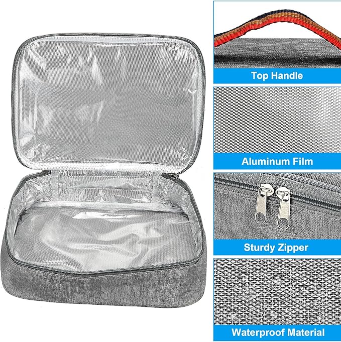 PATIKIL 12"x9"x3" Insulated Lunch Bags, Portable Food Containers Bag Flat Bento Bags Reusable Thermal Lunch Pail for Men and Women, Grey