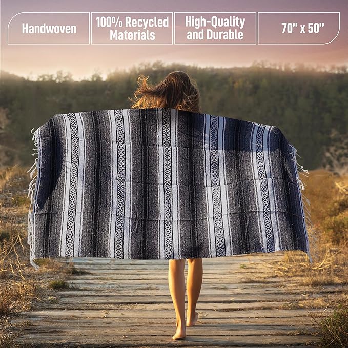 Authentic Extra Large Mexican Blanket (70"x50") - Handwoven Yoga Blanket, Serape Blanket - Artisanal Falsa Blanket, Beach Blanket, Camping Blanket, Picnic Blanket, Outdoor Blanket (Oxford)