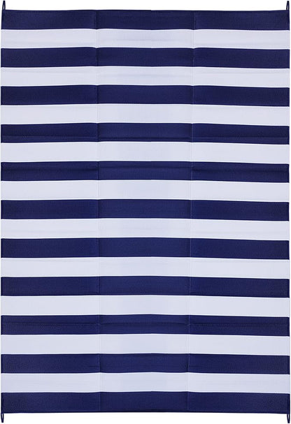 FH Home Outdoor Camping Rug - Waterproof, Fade Resistant, Reversible - Premium Recycled Plastic - Striped - Large Patio, Deck, Sunroom, RV - Brittany Stripe - Blue & White - 9 x 12 ft Foldable