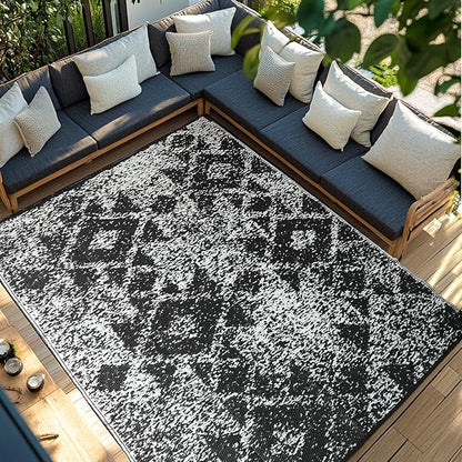 Waterproof Outdoor Rug 9x12 ft, Reversible Plastic Straw Rug, Easy to Clean Patio Rug, Portable Carpet for Patio, RV, Deck, Balcony, Backyard, Picnic, Beach, Mosaic, Gray