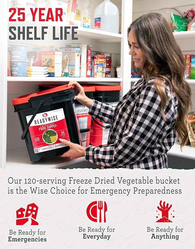 ReadyWise, 120 Servings, Vegetable Bucket, Broccoli, Sweet Corn, Green Beans, Peas, Freeze Dried, 20 Years Shelf Life, Emergency Food