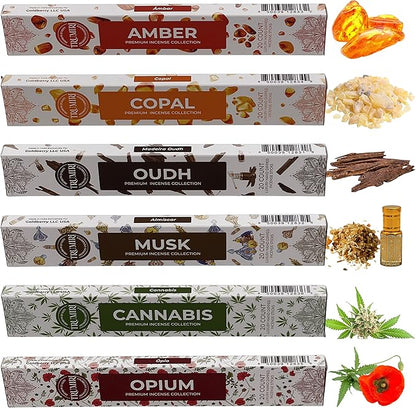 Exotic Incense Sticks Variety Pack - 120 Insence-Sticks (6 Incents x 20 Insense) - Copal Amber Oud (Agarwood) Musk - Natural Inscents-Sticks Non Toxic Incienso + Incense Holder for Men Women