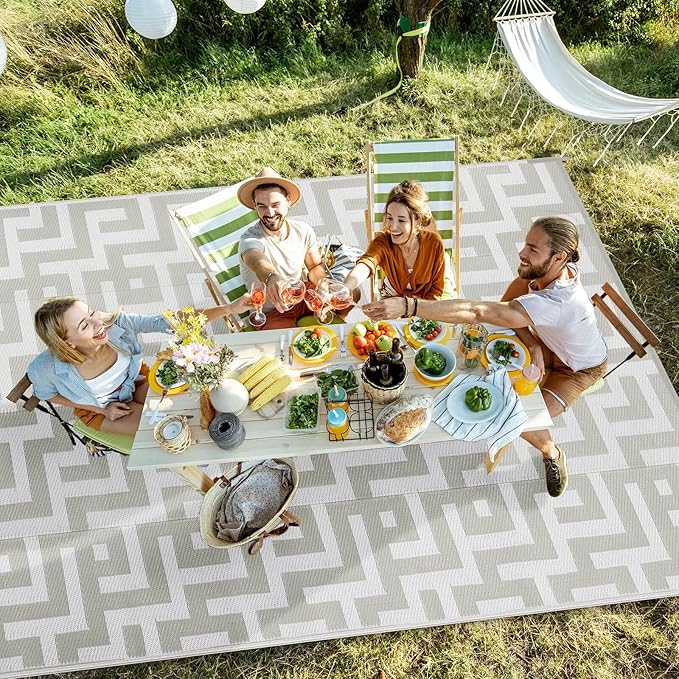 Outdoor Patio Plastic Straw Rug - 6'x9' Outdoor Camping Rug Waterproof Reversible, Area Carpet Patios Clearance RV, Outside Porch Balcony Deck for Camper, Grey & White