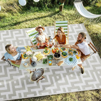 Outdoor Patio Plastic Straw Rug - 4'x6' Outdoor Camping Rug Waterproof Reversible, Area Carpet Patios Clearance RV, Outside Porch Balcony Deck for Camper, Grey & White