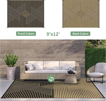 GENIMO Outdoor Rug 9'x12' for Patio Waterproof Clearance, Reversible Outdoor Plastic Straw Rug, Lightweight Carpet Camping Mat for Rv, Camper, Picnic, Balcony, Backyard, Deck, Porch, Black & Brown