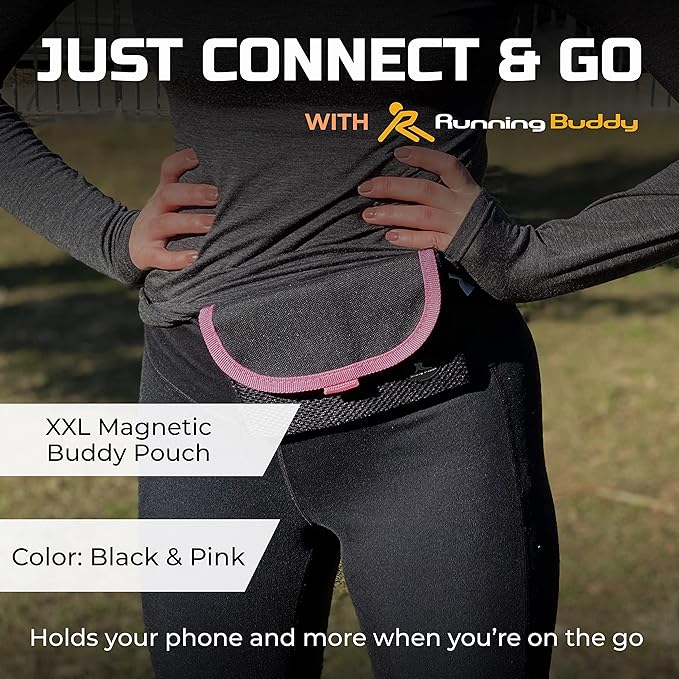 Running Buddy Unisex Running Fanny Pack - Men & Women | Walking, Traveling Waist Pack | Beltess, Chafe & Bounce Free | Water-Resistant & Magnetic Closure | L, XL, XXL | Black or Black & Pink
