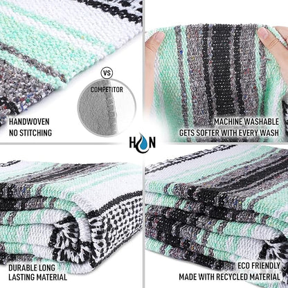 Authentic Extra Large Mexican Blanket (70"x50") - Handwoven Yoga Blanket, Serape Blanket - Artisanal Falsa Blanket, Beach Blanket, Camping Blanket, Picnic Blanket, Outdoor Blanket (Aqua Green)