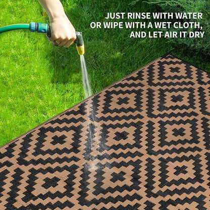 Outdoor Patio Plastic Straw Rug - 4'x6' Outdoor Camping Rug Waterproof Reversible, Area Carpet Patios Clearance RV, Outside Porch Balcony Deck for Camper, Black & Brown