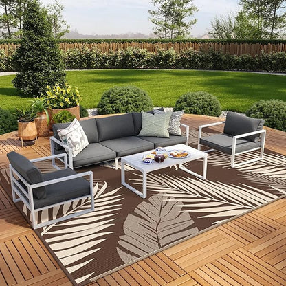 GENIMO Outdoor Rug 10' x 14' Waterproof for Patios Clearance, Reversible Outdoor Plastic Straw Camping Rug Carpet, Large Area Rugs Mats for RV, Camper, Deck, Balcony, Porch, Beach, Coffee&Beige