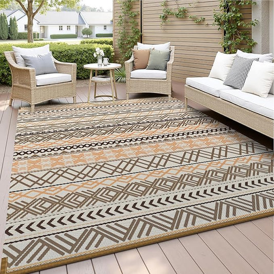 MontVoo Outdoor Rug Carpet 8x10 Waterproof-Patio Rug Mat Reversible RV Camping Rug Picnic Mat Plastic Straw Outside Rug for Balcony Porch Deck Beach-Boho Outdoor Area Rug for Patio Decor Colorful