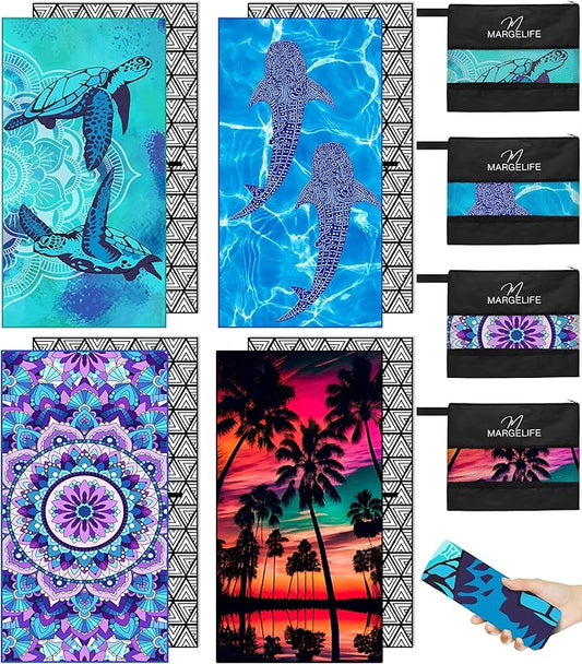 Microfiber Beach Towel – Quick Dry Lightweight Sand Free Oversized Large Towel Accessories Swim Pool Yoga Camping Summer Cruise Ship Essentials Compact Sandproof Gift (Shark Mandala Sunset,71" 32")