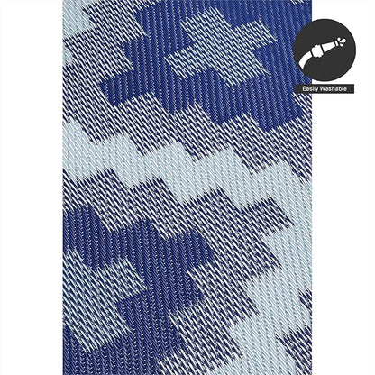 FH Home Outdoor Camping Rug - Waterproof, Fade Resistant, Reversible - Premium Recycled Plastic - Geometric - Large Patio, Deck, Sunroom, RV - Aztec Kilim - Blue Multi - 9 x 12 ft Foldable