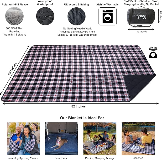 BRAWNTIDE Large Outdoor Waterproof Blanket - Quilted, Extra Thick Fleece, Warm, Windproof, Sandproof, Includes Stuff Sack, Shoulder Strap, Ideal for Beaches, Picnics, Camping, Stadiums, Dogs, Car