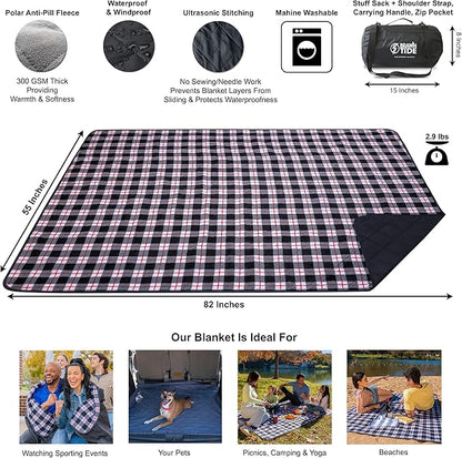 BRAWNTIDE Large Outdoor Waterproof Blanket - Quilted, Extra Thick Fleece, Warm, Windproof, Sandproof, Includes Stuff Sack, Shoulder Strap, Ideal for Beaches, Picnics, Camping, Stadiums, Dogs, Car