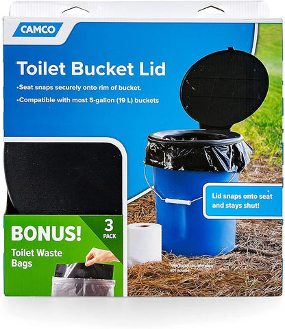Camco Double Bag Portable Toilet Waste Bags (41548) Bucket Toilet Seat (41546) | Black