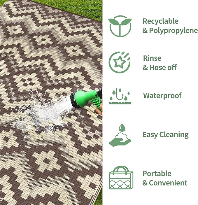 GENIMO Outdoor Rug Waterproof 6x9 ft, Lightweight Plastic Straw Rugs, Outside Reversible Area Mat Carpet for Patio, Camping, RV, Deck, Balcony, Porch, Backyard, Coffee & Beige