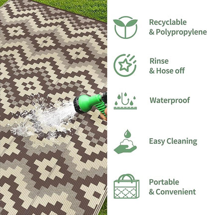 GENIMO Outdoor Rug Waterproof 6x9 ft, Lightweight Plastic Straw Rugs, Outside Reversible Area Mat Carpet for Patio, Camping, RV, Deck, Balcony, Porch, Backyard, Coffee & Beige