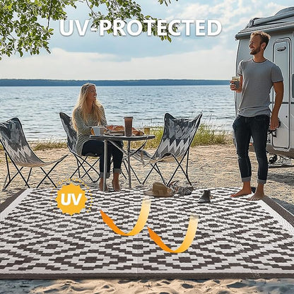 6x9 ft Outdoor Rug Waterproof, Plastic Straw Patio Carpet - UV Resistant Reversible Indoor Outdoor Rugs for Porch, Camping, Poolside, RV, Balcony, Easy to Clean, Black and White