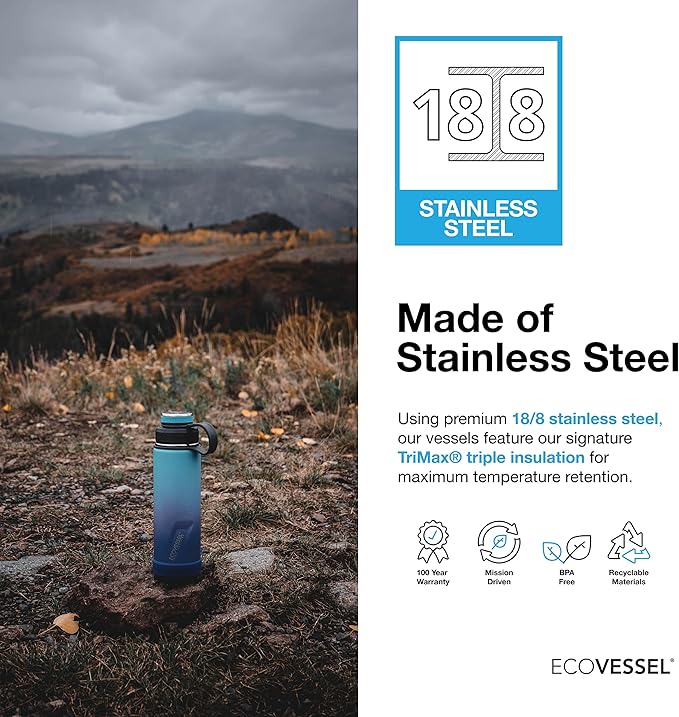 EcoVessel Stainless Steel Water Bottle with Insulated Dual Lid, Insulated Water Bottle with Strainer and Silicone Bottle Bumper, Coffee Mug – 20oz (Navy-Colorado)