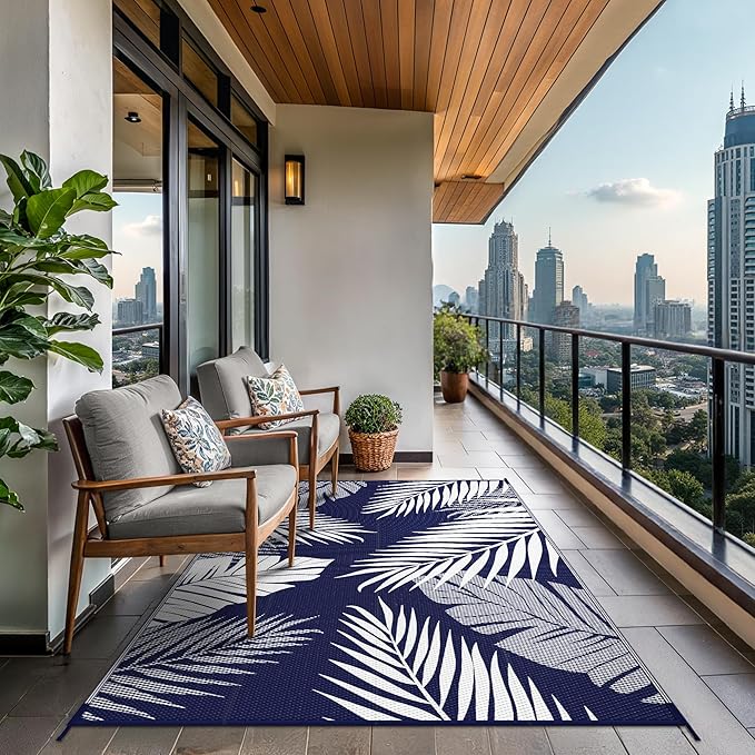 GENIMO Outdoor Rug 9' x 12' Waterproof for Patios Clearance, Reversible Outdoor Plastic Straw Camping Rug Carpet, Large Area Rugs Mats for RV, Camper, Deck, Balcony, Porch, Beach, Navy Blue&White