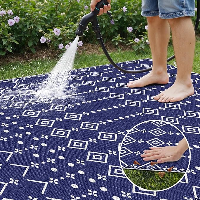 StepRite 6’ x 9’ Reversible Outdoor Rug, Waterproof Plastic Straw Rug, Patio Rug, Large Modern Area Rug Carpet, Indoor Outdoor Rugs for Camping, Porch, Deck, Balcony, Backyard, RV, Picnic(Blue)