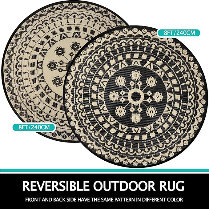 Capslpad 8Ft Round Outdoor Rug for Patio Reversible Mat Waterproof Plastic Straw Rug Boho Circle Indoor Outside Area Rug for RV Camping Picnic Pool Tent Balcony Beach Deck Doormats Decor, Beige