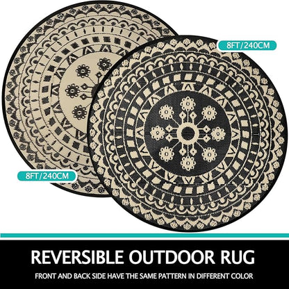 Capslpad 8Ft Round Outdoor Rug for Patio Reversible Mat Waterproof Plastic Straw Rug Boho Circle Indoor Outside Area Rug for RV Camping Picnic Pool Tent Balcony Beach Deck Doormats Decor, Beige