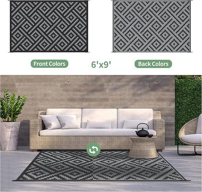 GENIMO Outdoor Rug for Patio Clearance,6'x9' Waterproof Mat,Reversible Plastic Camping Rugs,Rv,Porch,Deck,Camper,Balcony,Backyard,Black & Gray