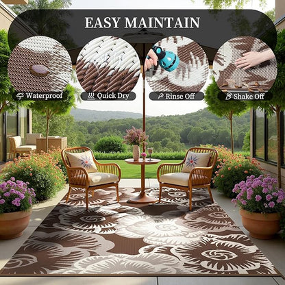MontVoo Outdoor Rug 8x10 Waterproof Patio Rug-Outdoor Carpet Mat Reversible Plastic Straw Outside Outdoor Rug for RV Camping Picnic Beach Balcony Backyard Pool Deck Farmhouse Floral Beige Brown