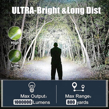 Rechargeable Spotlight Flashlight, Super Bright 1000000 lumens Waterproof Hand held Spot Lights, Long Range Large Hunting Lamp Searchlight, LED Flashlight with COB Light for Camping