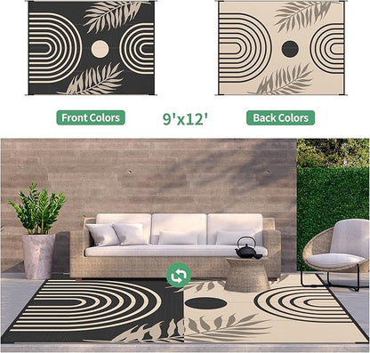 GENIMO Outdoor Rug 9' x 12' Waterproof for Patio Clearance, Reversible Lightweight Plastic Straw Camping Carpet, Large Area Rugs Mats for Rv, Backyard, Deck, Porch, Picnic, Balcony, Mix-Black & Beige