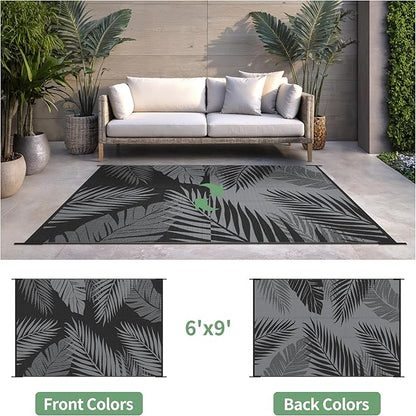 Outdoor Rug 6' x 9' for Patio Waterproof Clearance, Reversible Indoor Outdoor Plastic Straw Camping Rug Carpet, RV Mat, Large Area Rug for Deck, Backyard, Balcony, Porch, Beach, Black and Grey