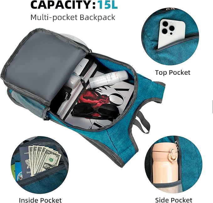 Hiking Backpack 15L Small Travel Backpack Lightweight Daypack Foldable Hiking Backpack Packable Camping Hiking Backpack for Women Men (Teal Blue)