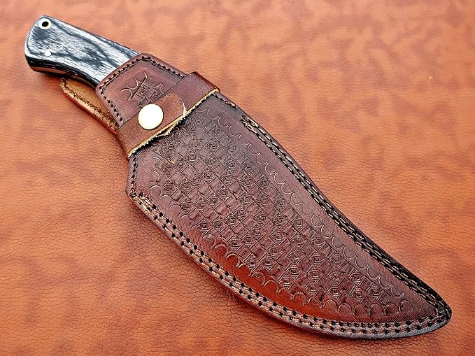 11.5" Long Hand Forged Damascus Steel Trailing Point Full Tang Blade Skinning Knife, 2 Tone Black Dollar Wood Scale with Damascus Bolster, Cow Hide Leather Sheath Included