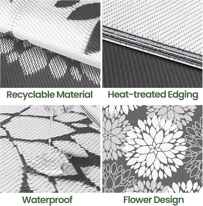 LuxStep Outdoor Rug Waterproof Outdoor Plastic Straw Rug Reversible Patio Rug Mat Outdoor Decor Large Area Mats for RV, Picnic, Backyard, Deck, Balcony, Porch, Beach, Camping, 4'x 6',Grey