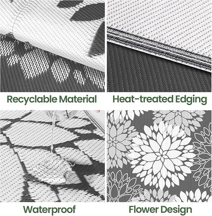 LuxStep Outdoor Rug Waterproof Outdoor Plastic Straw Rug Reversible Patio Rug Mat Outdoor Decor Large Area Mats for RV, Picnic, Backyard, Deck, Balcony, Porch, Beach, Camping, 4'x 6',Grey