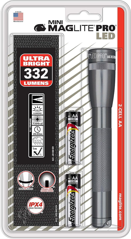 MagLite Mini LED Pro Flashlight - Ultra Bright 332 Lumens, Adjustable Beam, Water-Resistant IPX4, Shock Resistant, 2 Power Modes, Includes 2 AA Premium Alkaline Batteries - (Holster Pack, Gray)