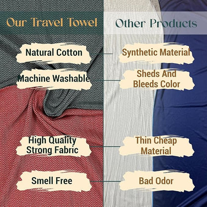2 Oversize Cotton Travel Towel Pack Quick Dry Camping Pool Hiking Compact Portable Lightweight Absorbent Breathable Keep Warm Airplane Blanket (Pine Green and Bright Red)