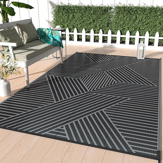 GENIMO Outdoor Rug 8'x10' for Patio Waterproof Clearance, Reversible Outdoor Plastic Straw Rug, Lightweight Carpet Camping Mat for Rv, Camper, Picnic, Balcony, Backyard, Deck, Porch, Black & Gray