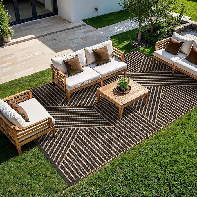 GENIMO Outdoor Rug 8'x10' for Patio Waterproof Clearance, Reversible Outdoor Plastic Straw Rug, Lightweight Carpet Camping Mat for Rv, Camper, Picnic, Balcony, Backyard, Deck, Porch, Black & Brown