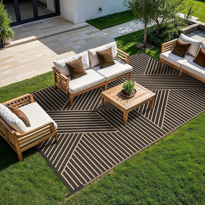 GENIMO Outdoor Rug 8'x10' for Patio Waterproof Clearance, Reversible Outdoor Plastic Straw Rug, Lightweight Carpet Camping Mat for Rv, Camper, Picnic, Balcony, Backyard, Deck, Porch, Black & Brown