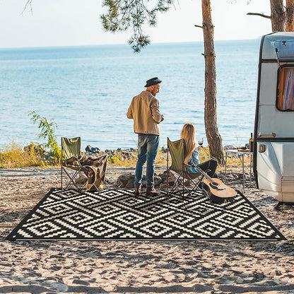 GENIMO Outdoor Rugs 8x10 Waterproof, Reversible Mats, Area Plastic Straw Rug, Outside Carpet, Geometric Rv Mat for Patio Camping Rv Picnic Backyard Deck Balcony Porch Beach Trailer (Black & Beige)