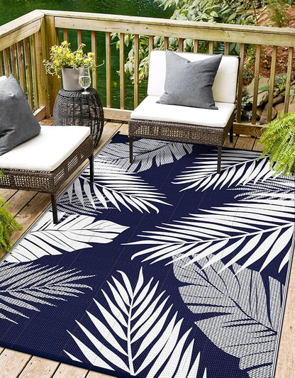 Outdoor Rug 8' x 10' for Patio Waterproof Clearance, Reversible Indoor Outdoor Plastic Straw Camping Rug Carpet, RV Mat, Large Area Rug for Deck, Backyard, Balcony, Porch, Navy Blue and White
